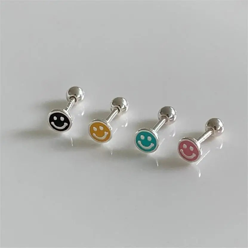 Multicolour Small Smiling Face Cute Jewelry Screw Buckle 925 Sterling Silver Stud Earrings Women