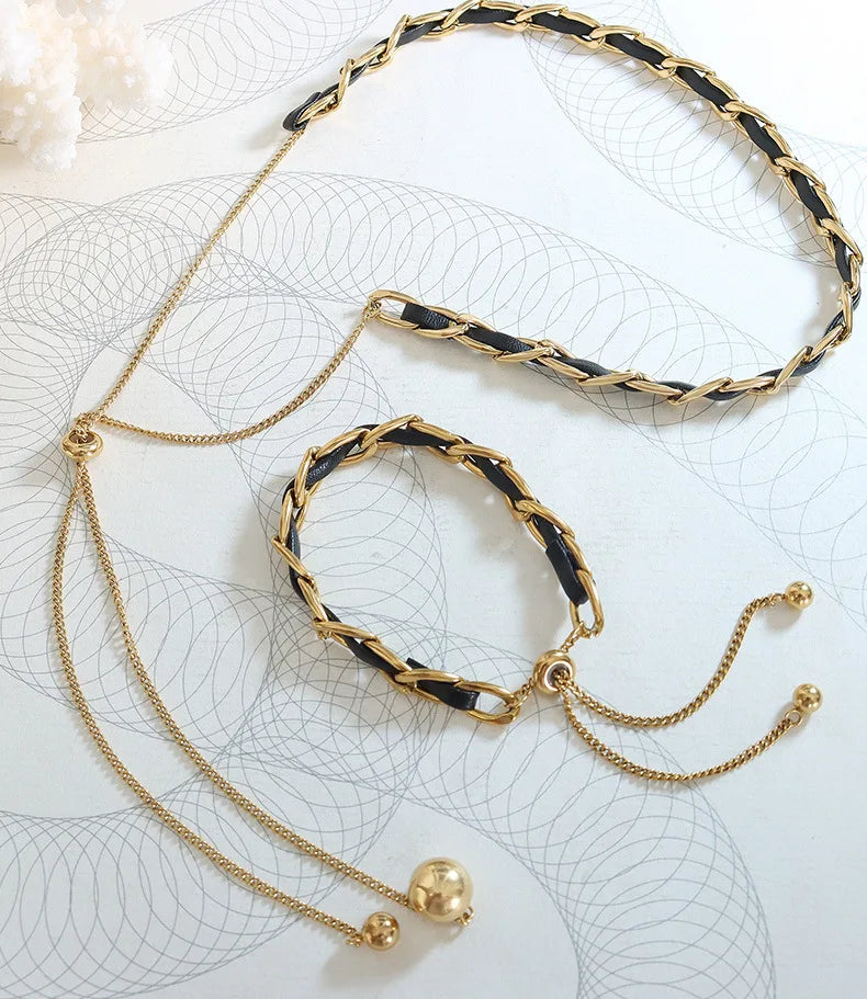 New Design Circle Bar Y Shape Hot Selling Gold Plated Titanium Steel Jewelry Black Leather Ttassels Necklace Bracelet Set Women