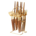 Ready for Ship 24 Piece Utensils Bamboo Handle Tableware Knife Fork and Spoon Stainless Steel Cutlery Set with Holder Green Box
