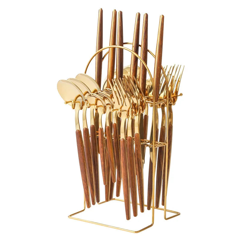 Ready for Ship 24 Piece Utensils Bamboo Handle Tableware Knife Fork and Spoon Stainless Steel Cutlery Set with Holder Green Box
