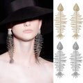 Fashion Luxury Artificial Gold Color Gemstone Fish Earrings Jewelry Exaggerated 925 Silver Rhinestone Fish Bone Earring