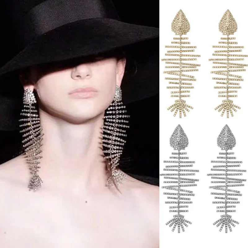 Fashion Luxury Artificial Gold Color Gemstone Fish Earrings Jewelry Exaggerated 925 Silver Rhinestone Fish Bone Earring