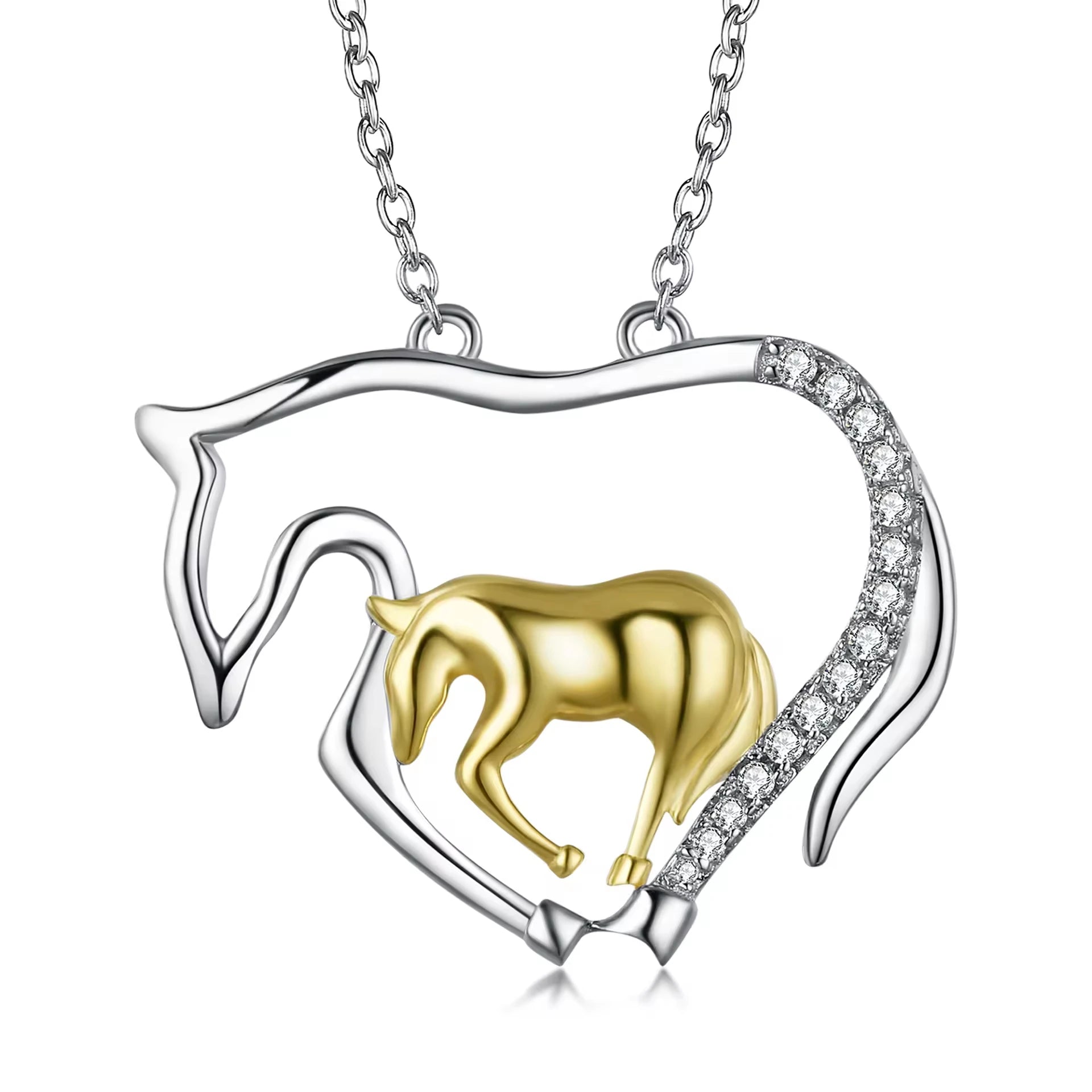 Animal Theme Jewelry 925 Sterling Silver 3A Zircon Two Tone Double Horse Pendant Necklace