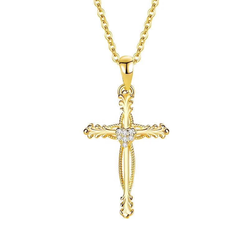 Wholesale Jewellery Rhodium Plated 925 Sterling Silver Cubic Zirconia Christian Jesus Link Chain Cross Pendant Necklace Women