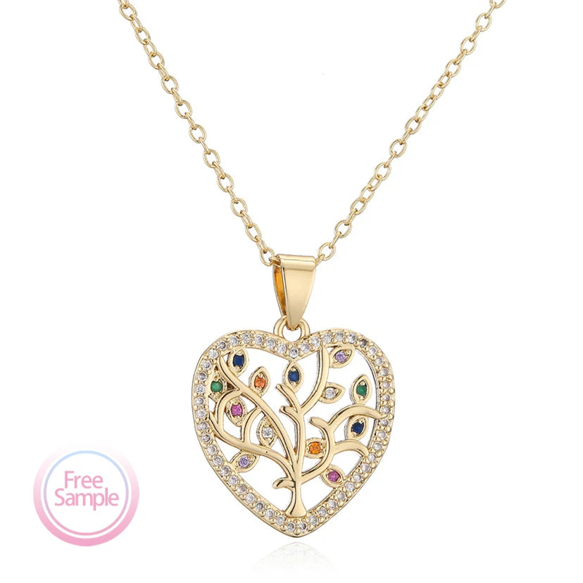 SSeeSY Mothers Valentines Day Gift Custom 18K Gold Plated Fashion Jewelry Heart Shape Tree of Life Zircon Brass Pendant Necklace
