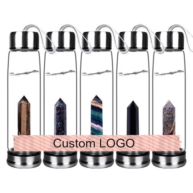 Natural Custom Columnar/pellet Tea Gemstone Borosilicate Glass Quartz Infused Crystal Water Bottle