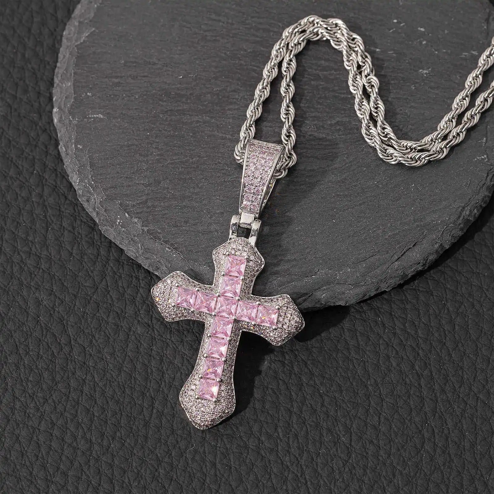 Retro Style Gold Plated Cross Necklace with Multicolor Pendant Women's Big Size Iced Out Jewelry