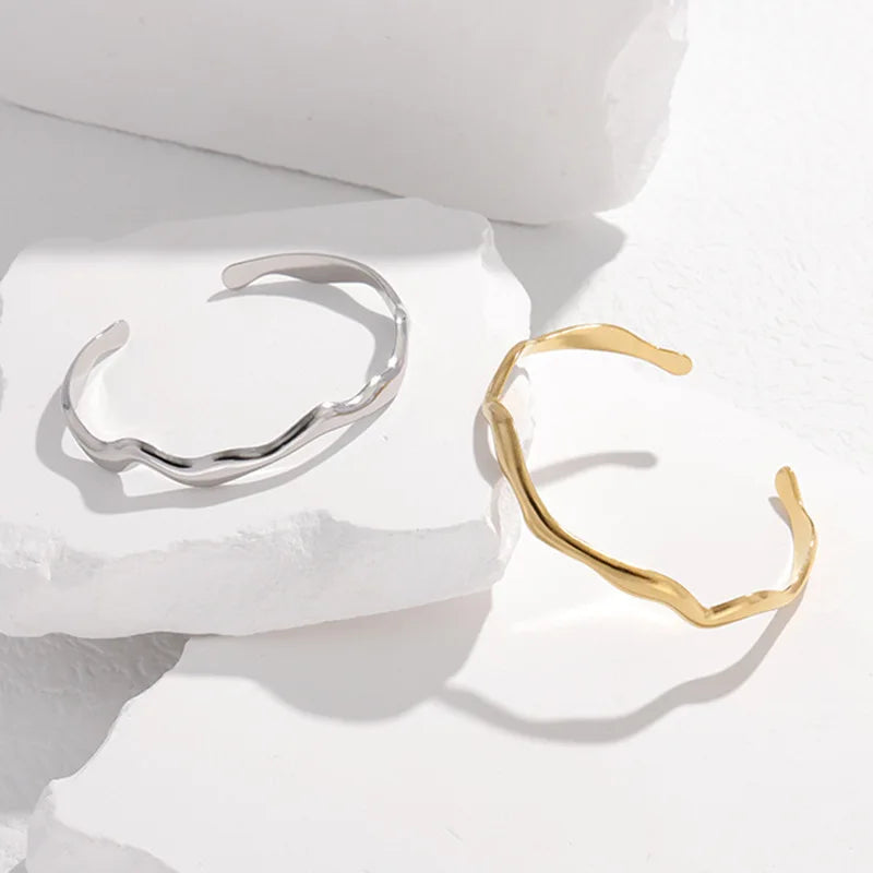 Simple Wave Shaped Bangle Bracelet Gold Bold Irregular Waterproof Stainless Steel Cuff Bracelet Minimalist Jewelry