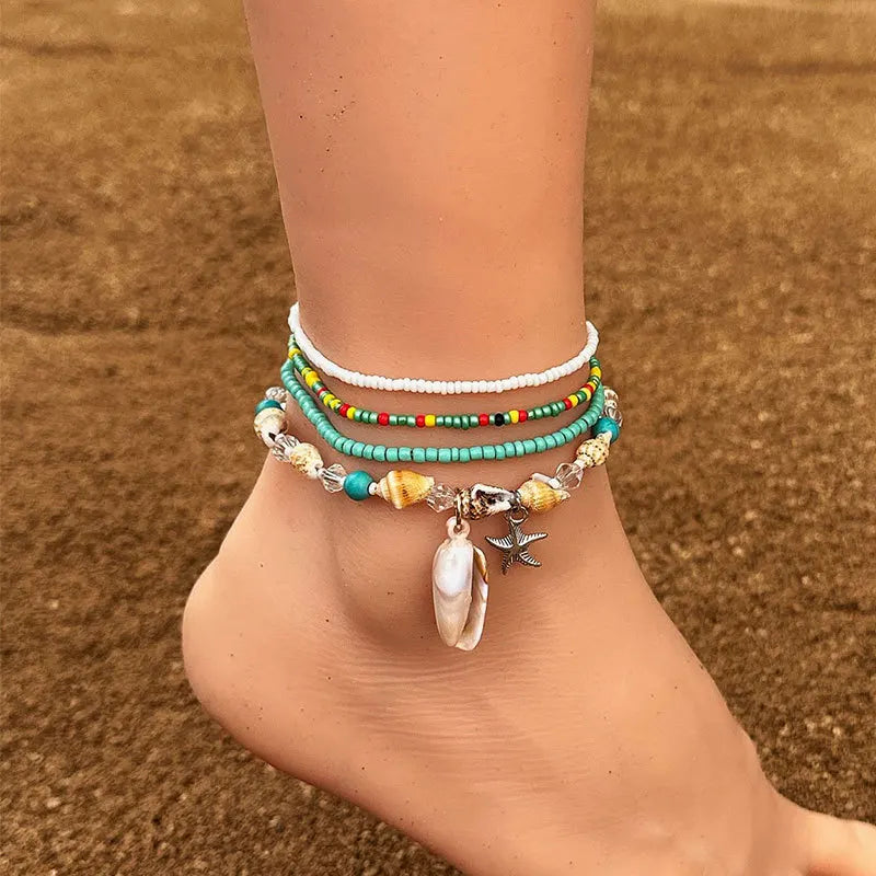 Bohemian Ankle Chain Colored Rice Beads Shell Starfish Pendant Anklet Bracelet for Women Beach