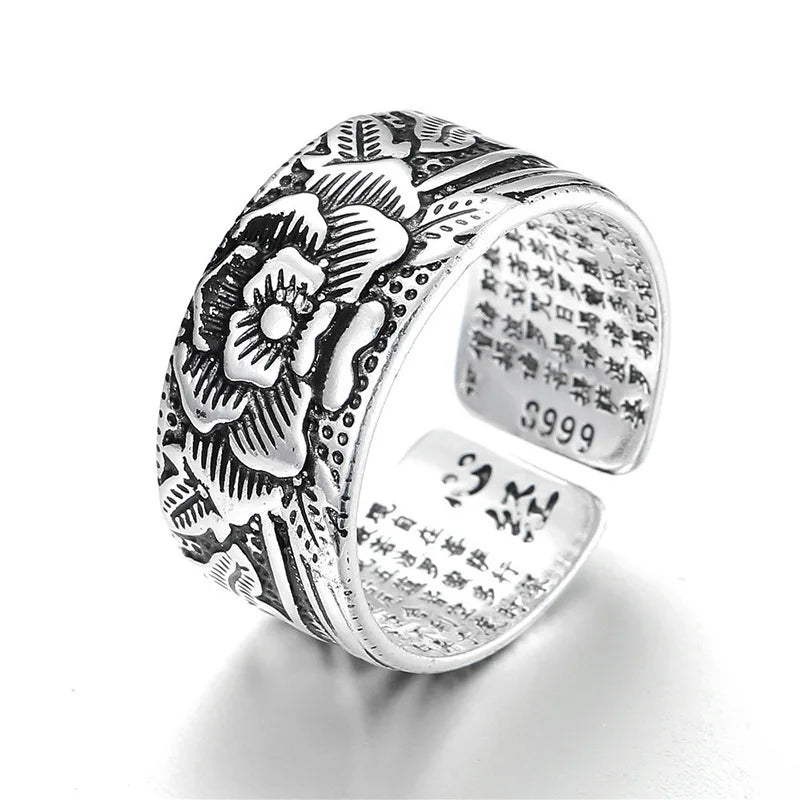 Vintage Thai Anemone Open Heart Sutra Couple Ring Lotus Ring Feng Shui Brave Troops Wealth Lucky Carving Open Adjustable Rings