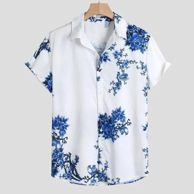 RNSHANGER Summer Vintage Shirts Men's National Style Design Short Sleeve Lapel Neck Slim Blouse Men's Casual 3D Printing Shirts