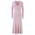 Vintage French Style Lady Sweet Pink Deep-V Turn-down Collar Long Sleeve Women Slim Fitted Midi Mermaid Dress