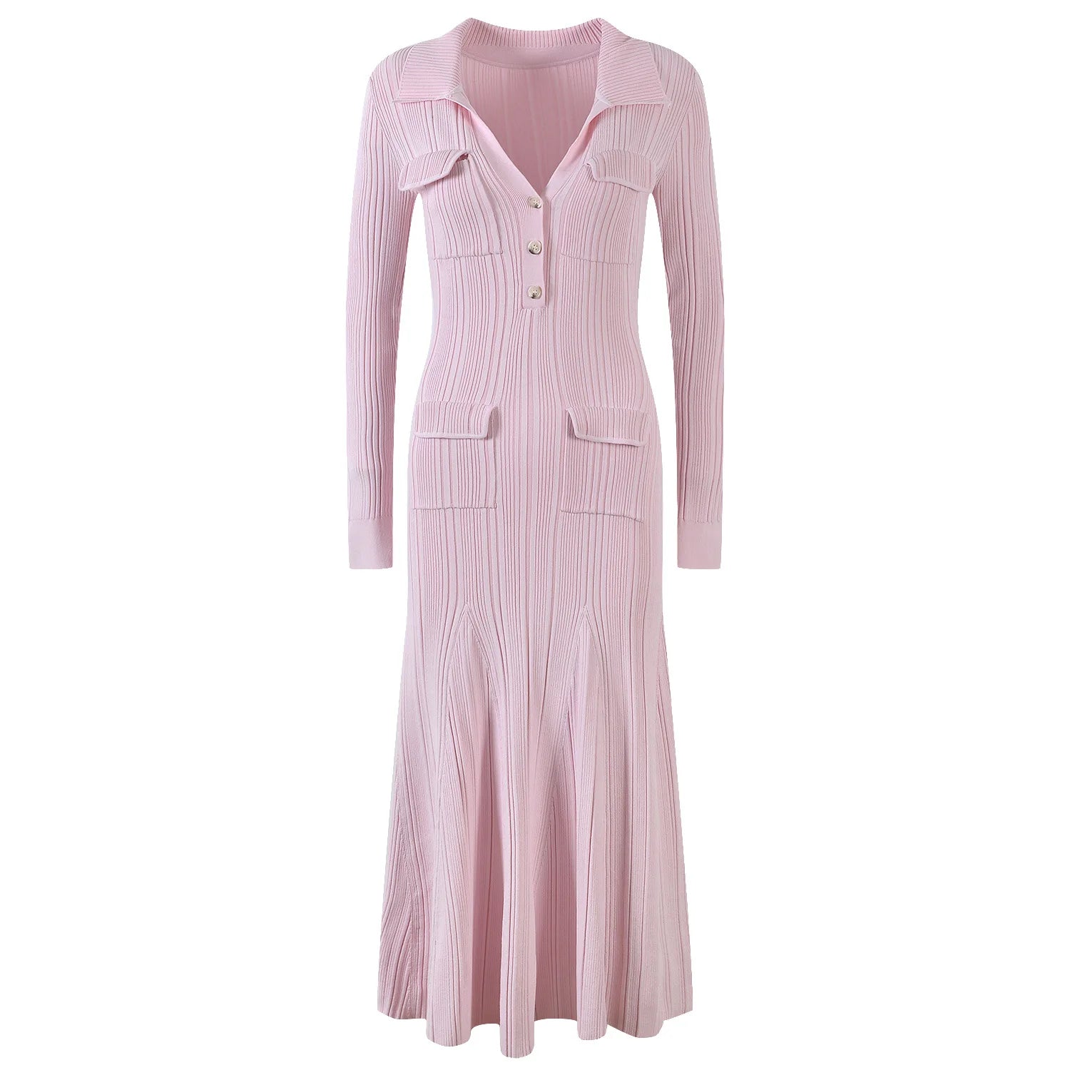 Vintage French Style Lady Sweet Pink Deep-V Turn-down Collar Long Sleeve Women Slim Fitted Midi Mermaid Dress