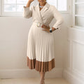 S-3XL Autumn Elegant Patchwork Waist Pleated Dress New Lady Turn-down Collar Belt Commuting Dress  Long Sleeve Slim Party Dress