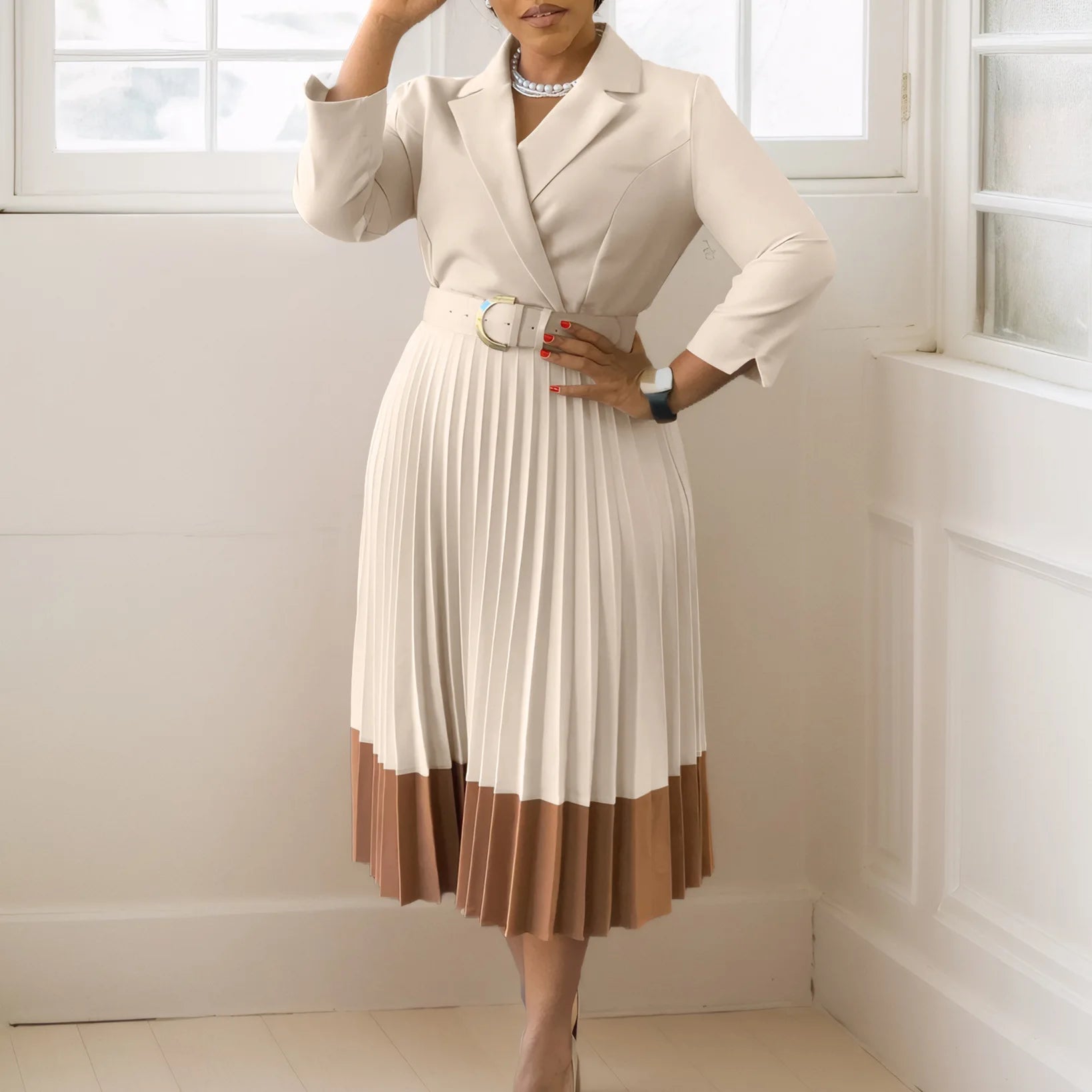 S-3XL Autumn Elegant Patchwork Waist Pleated Dress New Lady Turn-down Collar Belt Commuting Dress  Long Sleeve Slim Party Dress