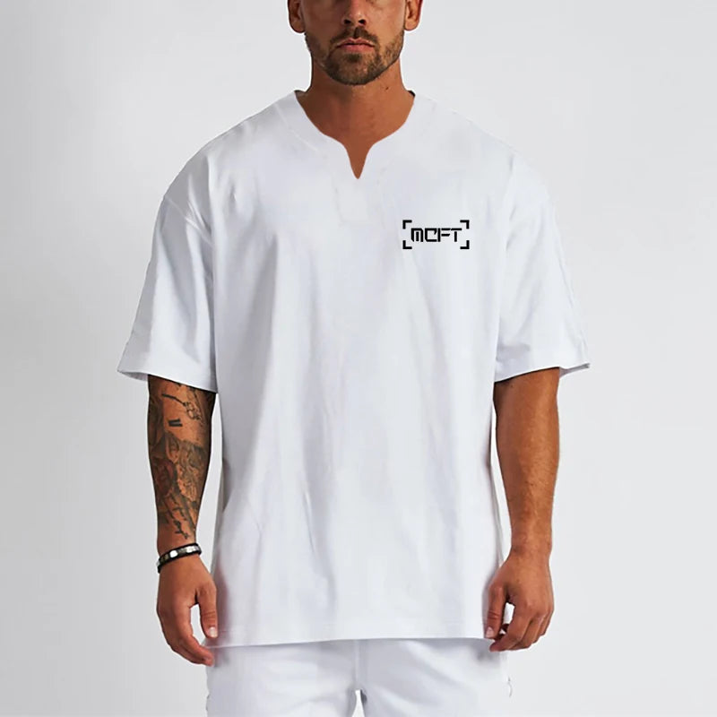 New Summer Men Oversized V-neck T-shirts  Muscle Shirt Bodybuilding Jogger Workout Fitness T Shirts Cotton O-Neck Shirt