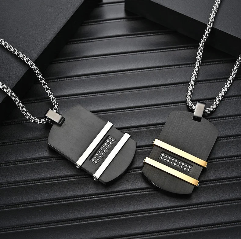 Personalized Retro Waterproof Engraving Black Blank Stainless Steel Zircon Inlay Geometric Link Pendant Necklace Jewelry