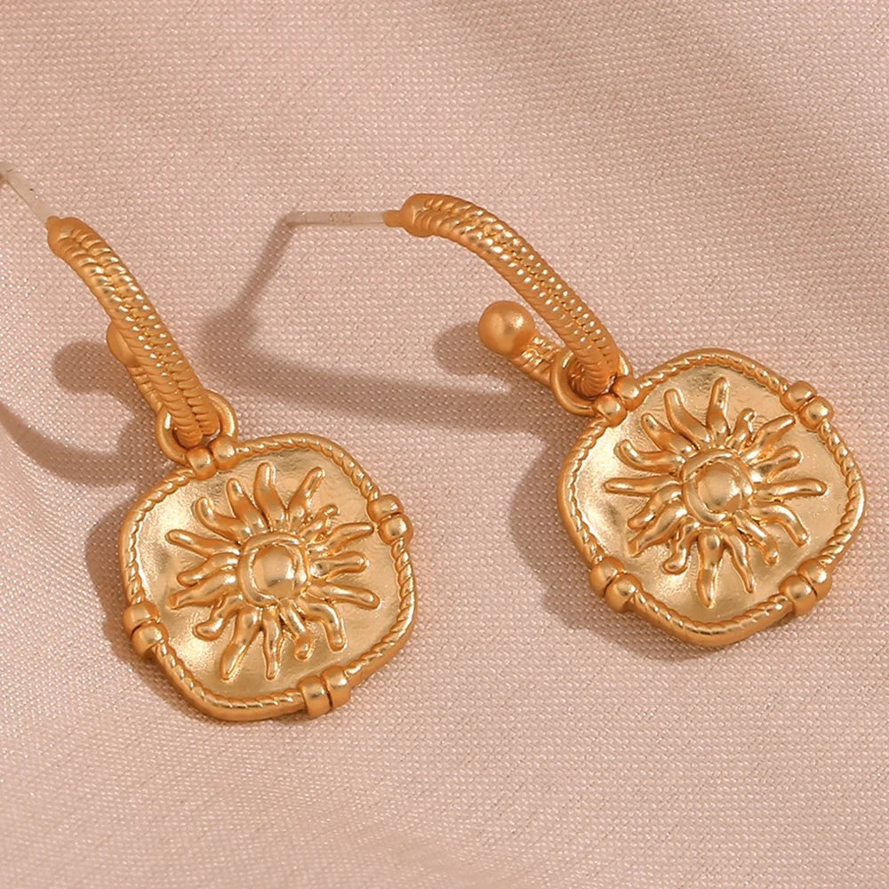 Dreamshow Jewelry Vintage Engraved Sun Earrings 18k Gold Plated Jewelry Stainless Steel Gold Drop Earrings
