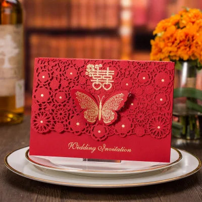 Chinese Style Red Color Two Page Invitation Card Custom Laser Cut Wedding Cards with Butterfly