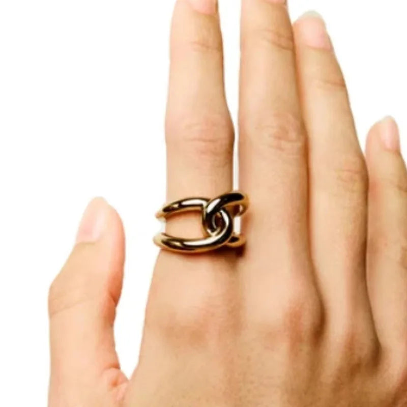 Stainless Steel 18K PVD Gold Plated Simple Knot Ring Waterproof Chunky Double Twisted Circle Knot Finger Ring for Women
