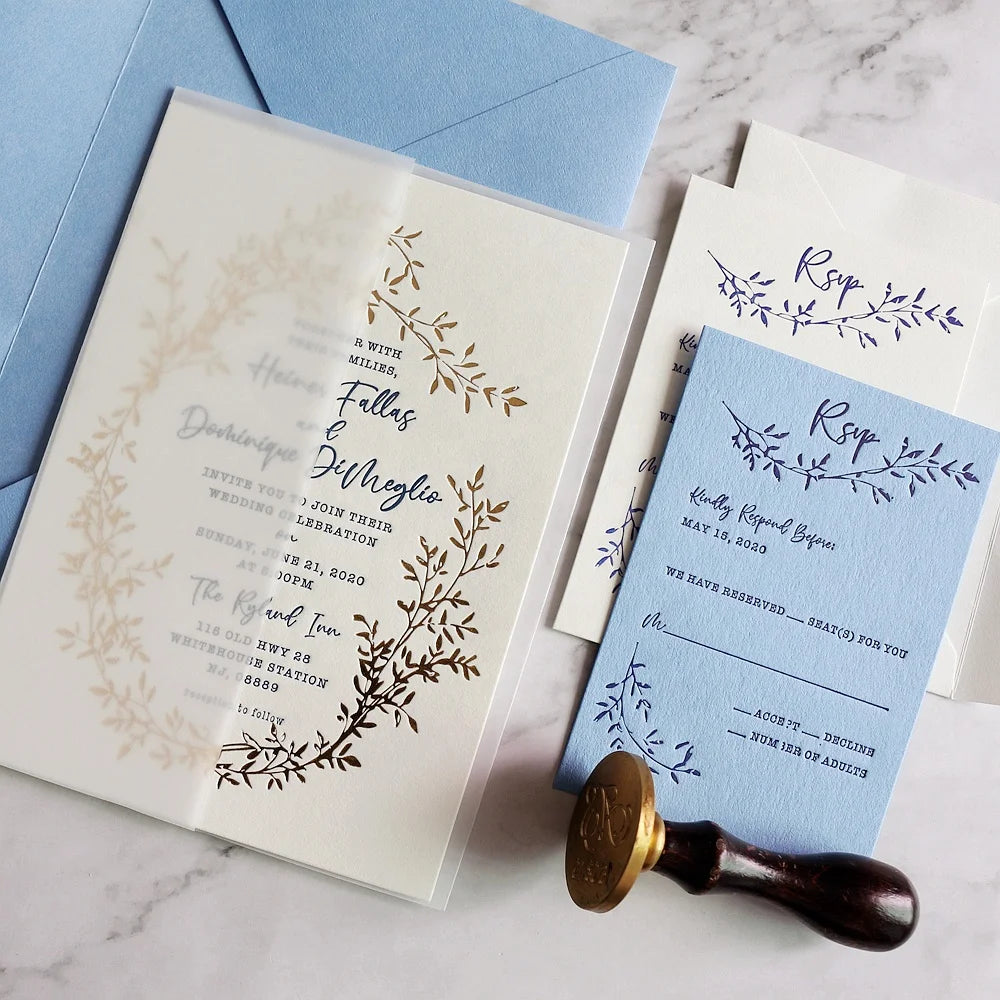 Custom Pantone Color Letterpress Gold Foil Textured Cotton Paper Cards Wedding Invitations with Sky Blue Envelope