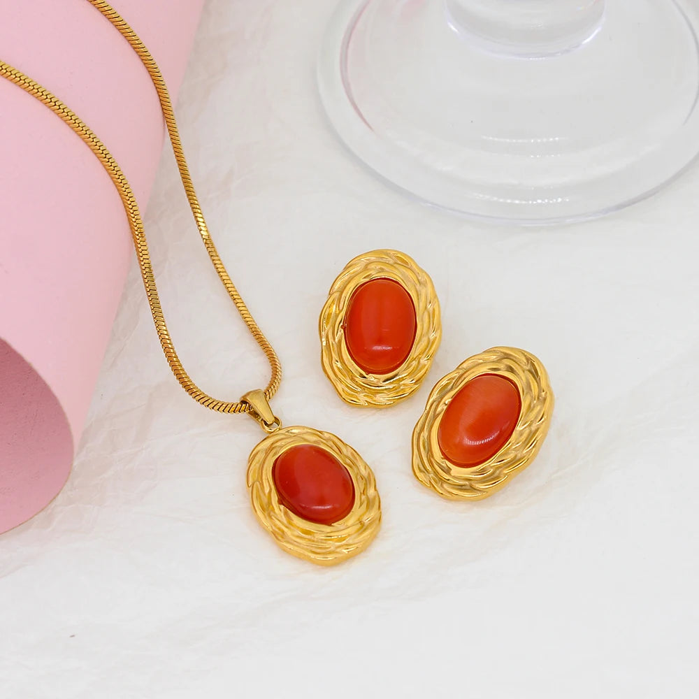 Vintage Orange Oval Natural Stone Jewelry Set Textured Women's Exquisite Earrings Pendent Necklace 2023 Bijoux