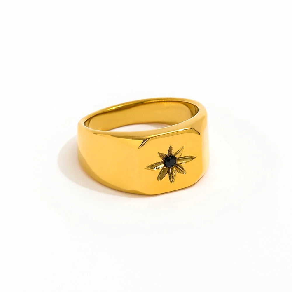 Fenny 18K Gold Plated Wholesale Waterproof Simple Black Zirconia Starburst Stainless Steel Finger Ring Trendy for Women