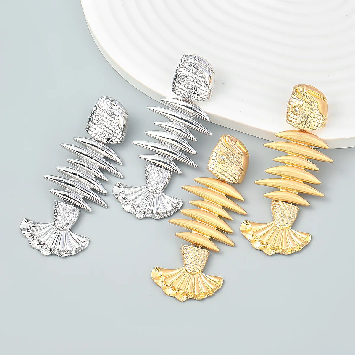 2022 Earrings Gold Silver Jewelry Design Alloy Fish Bone Mermaid Earrings Women Exaggerated Metal Animal Drop Earrings