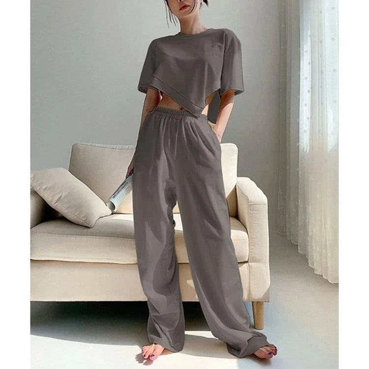 Wholesale Pant Shirt Set Women Clothing 2025 Custom logo Sweat Suits Two Piece Asymmetrical Shirt and Pants Sets for Women