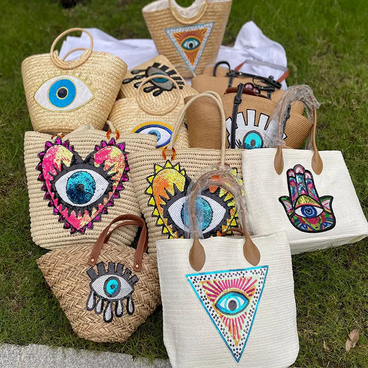 Evil Eyes Large Capacity Travel Vacation Straw Bags Tote Summer Beach Handbags for Women Luxury