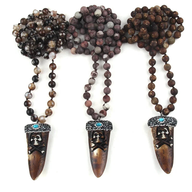 Fashion Bohemian Jewelry Women Necklace Wholesale Stripe Natural Stone Knotted Rhinestone Skull Head OX Horn Pendant Necklace