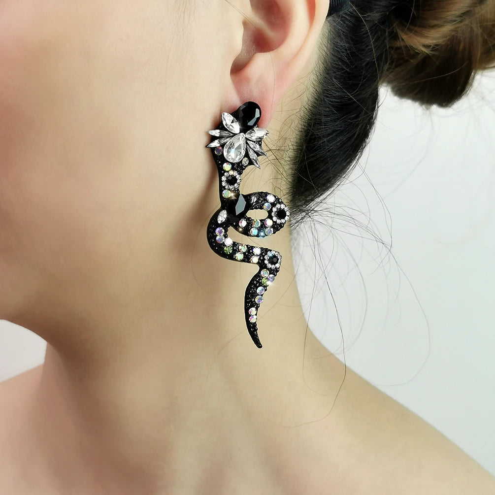 Luxury Crystal Snake Earrings 925 Silver Needle Multicolor Rhinestones Statement Alloy Dangle Drop Earrings Animal Accessories