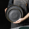 Custom Hotel Slate Buffet Plate Porcelain Dishes  8 10 Inch Round Matte Black Ceramic Dinner Plate Steak Plates for Restaurant