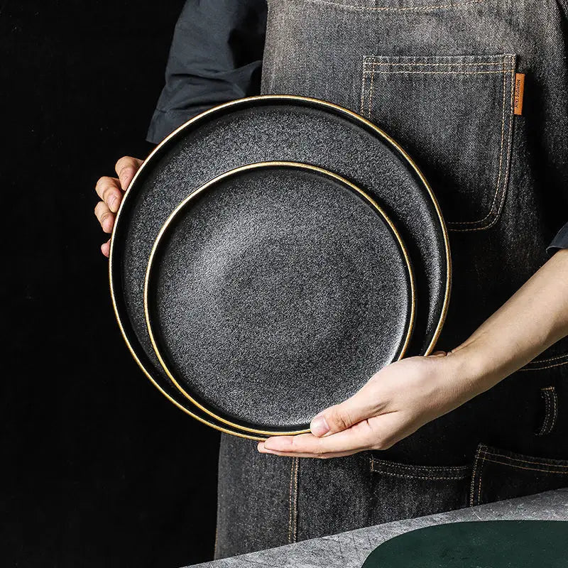 Custom Hotel Slate Buffet Plate Porcelain Dishes  8 10 Inch Round Matte Black Ceramic Dinner Plate Steak Plates for Restaurant