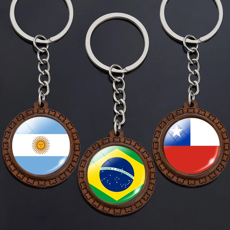 South American Flag Keychain Argentina Brazil Columbia Chile Suriname Peru Uruguay Flag Glass Dome Keyring Wooden Trinket