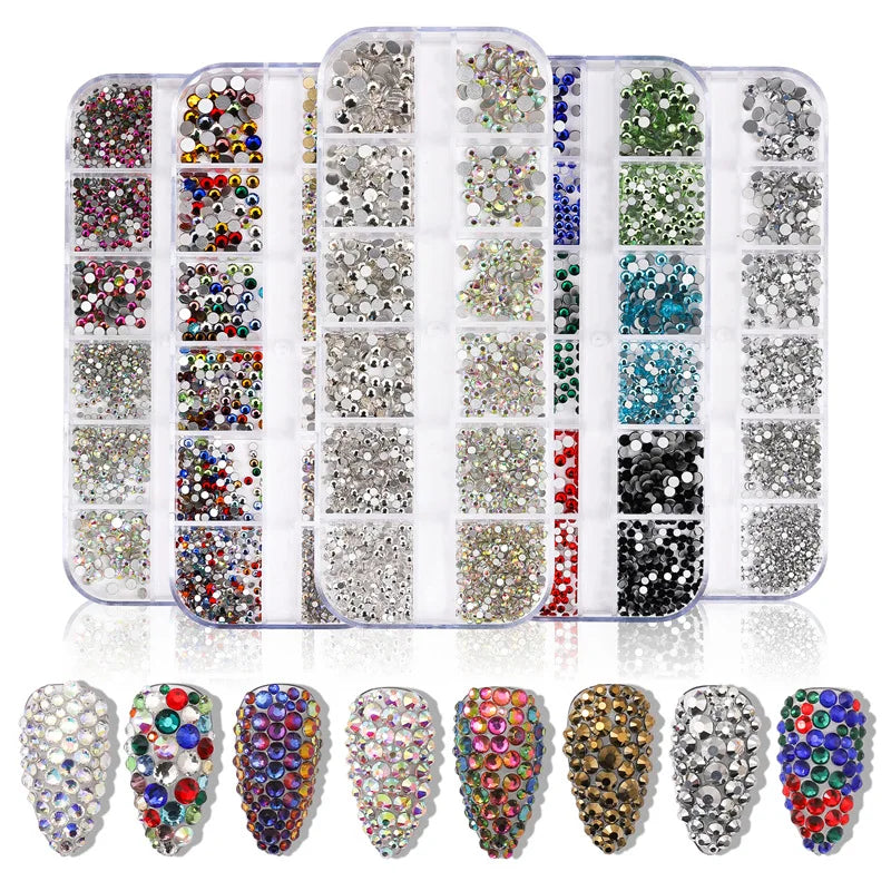 12 Grids Colorful Crystal Loose Rhinestones Shiny Flat Back 3D DIY Nail Art Decorations Nail Stones