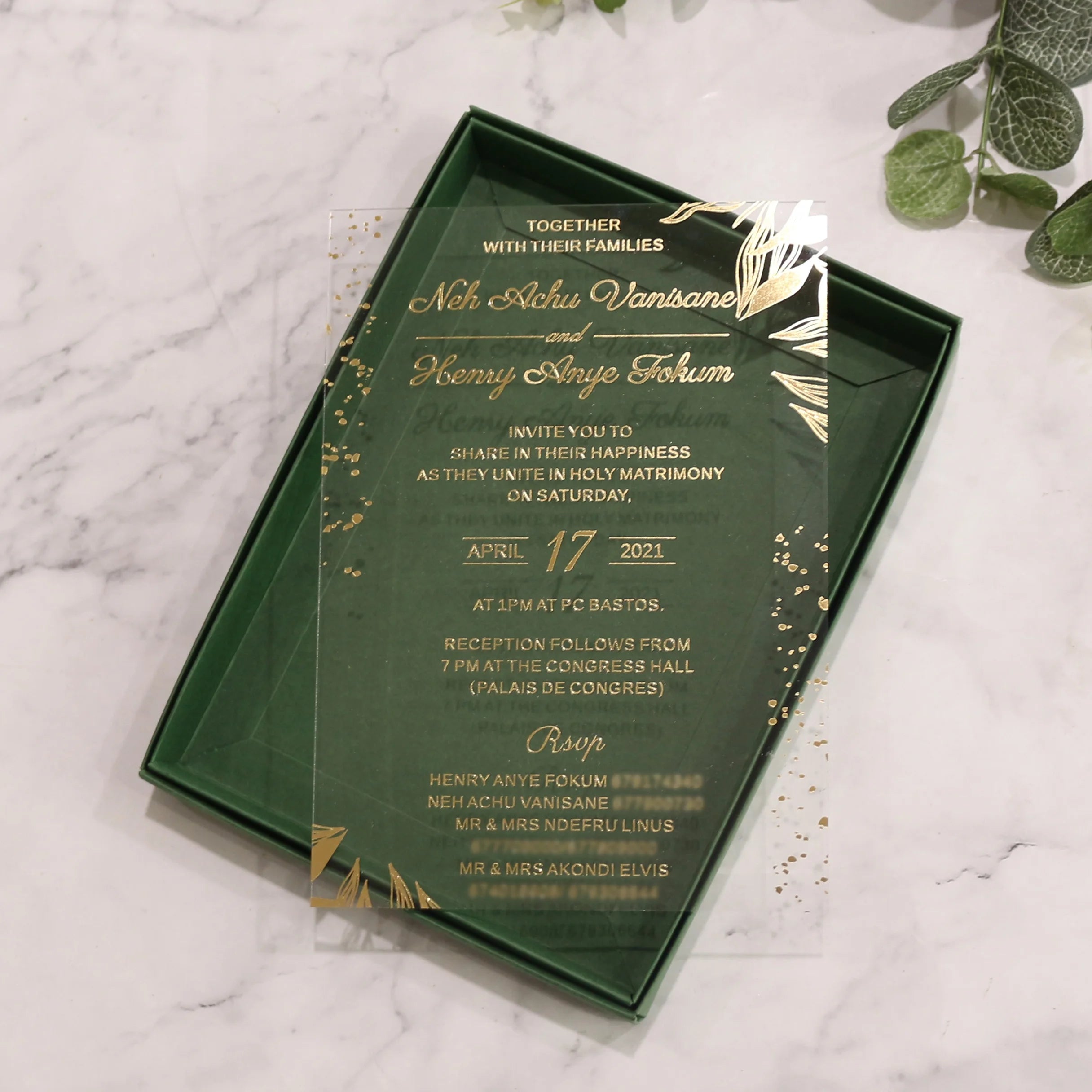 Luxury Classic Green and Gold Foil Clear Acrylic Wedding Invites Card Personalized Music Angel Fairy Style with Paper Box