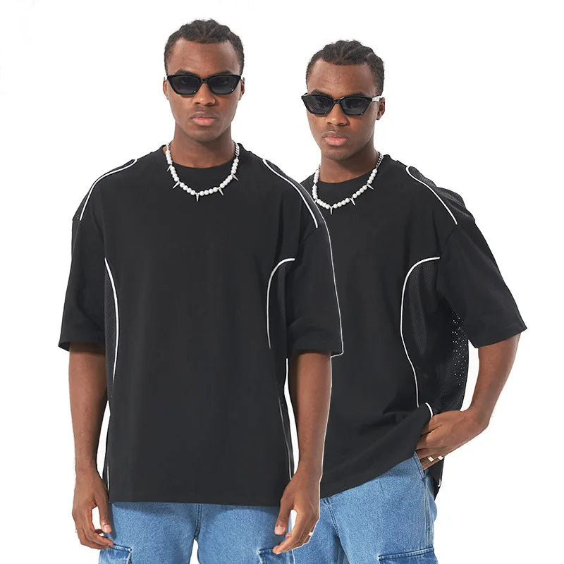 Streetwear Vintage Mesh Paneling Cotton T-shirt Casual Wear Breathable Short-sleeved Men's T-shirt Customizable with logo