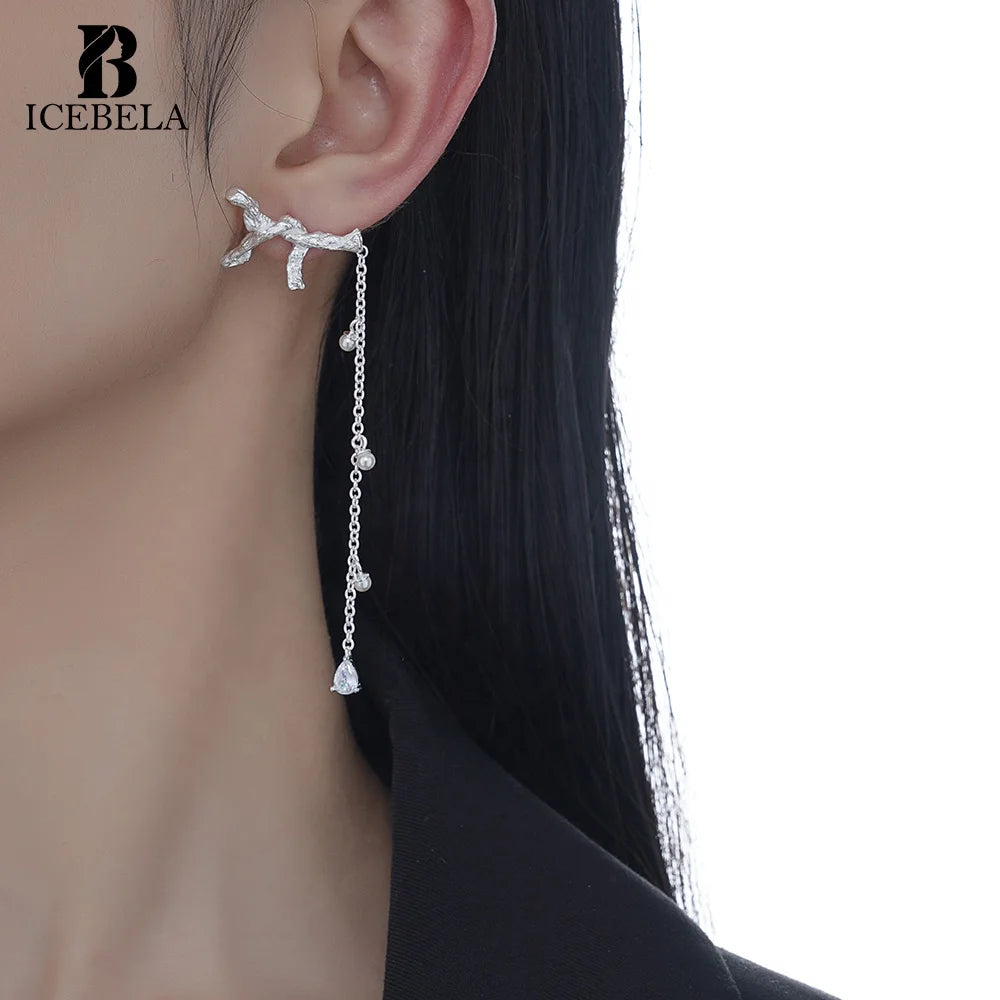 ICEBELA Original Design 925 Sterling Silver Textured Branch Ear Studs Female Asymmetrical Bead Fringe Long Earrings