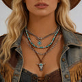 4Pcs/Set Vintage Ox Head Pendant Turquoise Beaded Necklace for Women Trendy Ladies Chain Choker Fashion Jewelry Accessories Gift