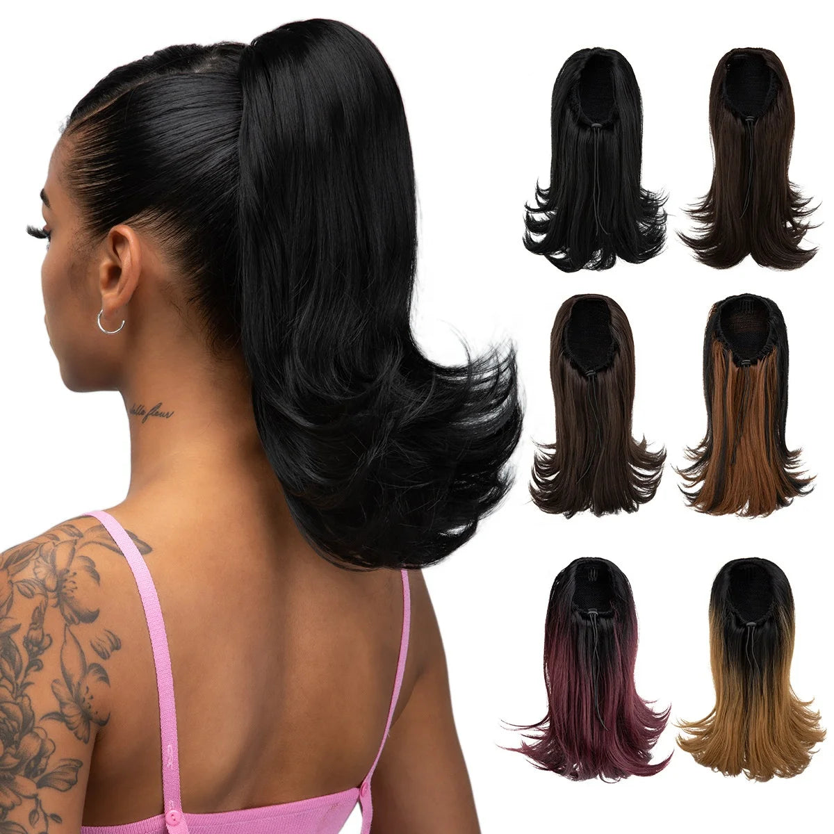 Hot Selling 14 Inch Synthetic Drawstring Ponytail Hair Extensions Backward Warping Net Bag Ponytails Hair Ponytail Extension