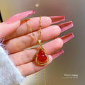 Stainless Steel Lip Chain Gourd Pendant Necklace Women Red Ruby Gemstone Agate Necklace