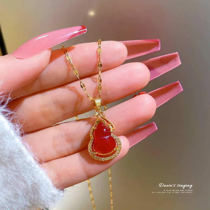 Stainless Steel Lip Chain Gourd Pendant Necklace Women Red Ruby Gemstone Agate Necklace
