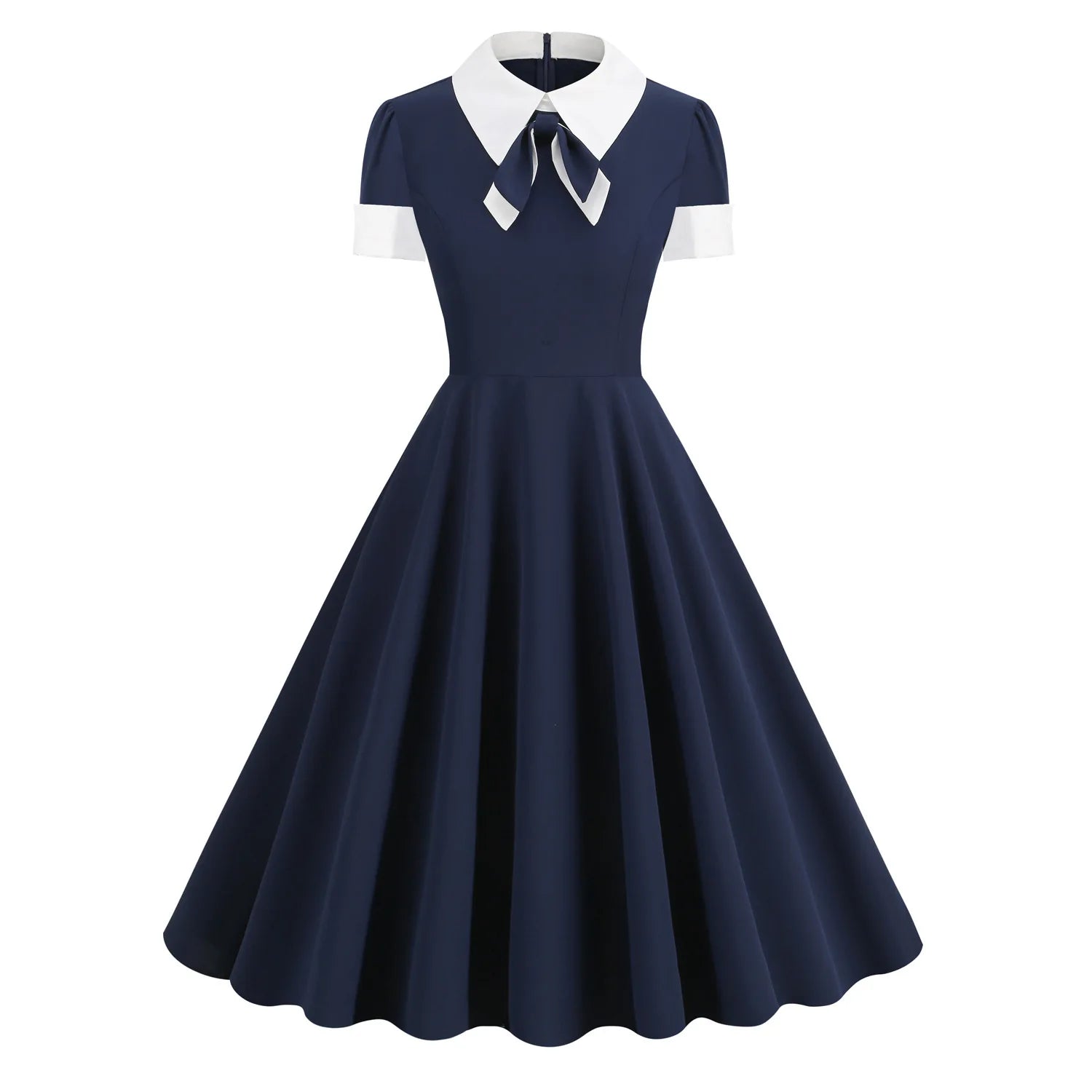 Vintage Solid 1950s Shirt Dress for Women Retro Contrast Short Sleeve Dress with Bow