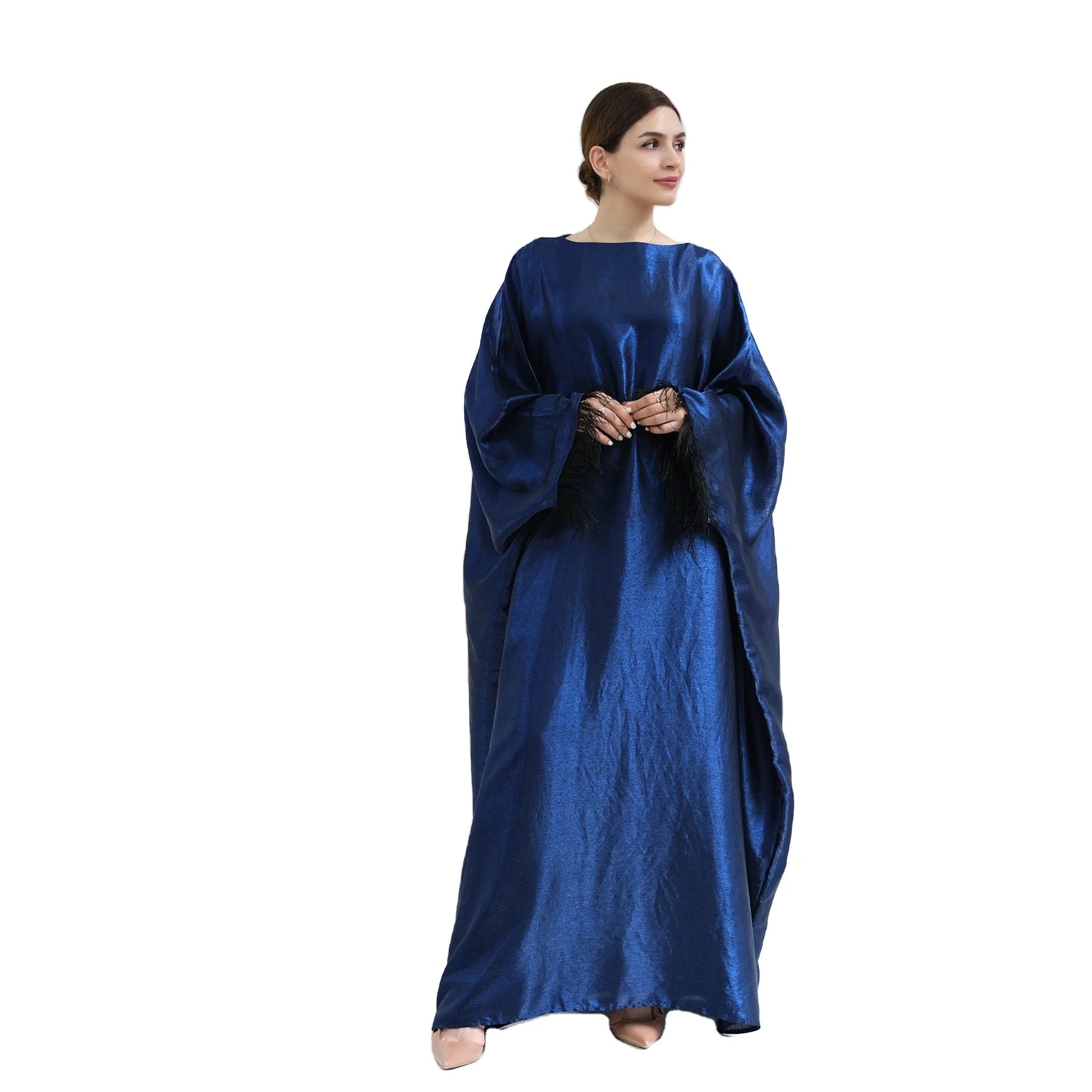 Pure Color batwing Fuzzy Sleeve Shiny Cotton Stain Material OEM/ODM Muslim Women Party Abaya