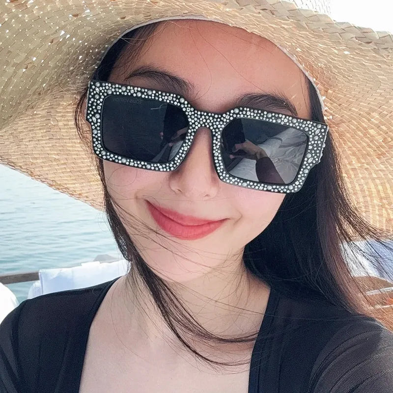 DL Gradient Lenses PC Frame Acrylic Lenses Bling Bling Diamond Studded Starry Sky Square Sunglasses