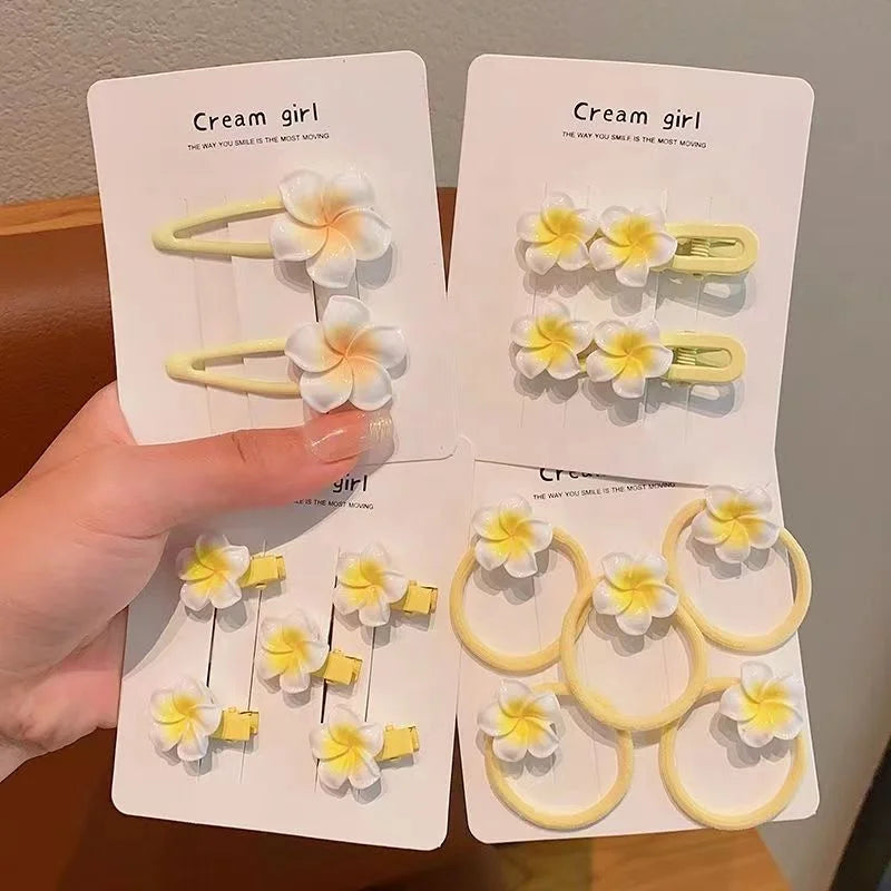 Girl Barrettes Hawaiian Acrylic Hairclip Hairgrips Elastic Hair Band Ties Accessory Plumeria Hawaii Flowers Frangipani Hair Clip