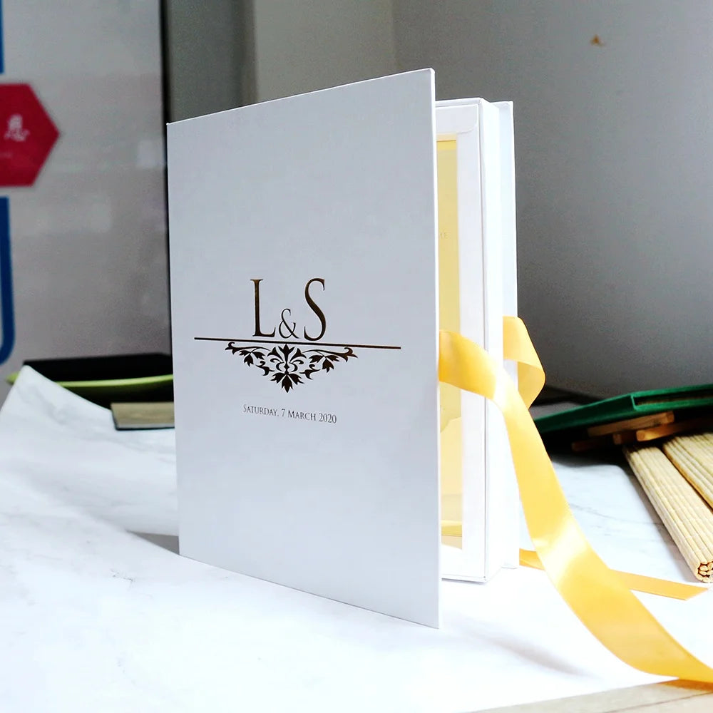 Gorgeous Custom Design Box Love Angel Paper Wedding Invitation Card Rectangle Thickness Gold Mirror Acrylic Invitations Ribbon