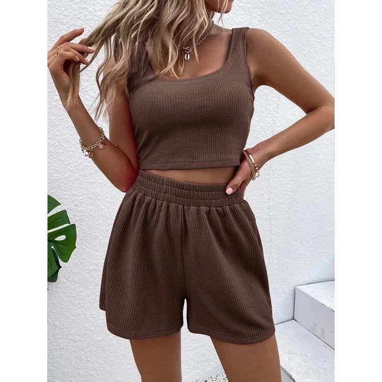 Summer 2026 Comfy Cotton Crop Top and Sweat Shorts Set Custom Logo Ribbed Two Piece Shorts Sweat Suit Set