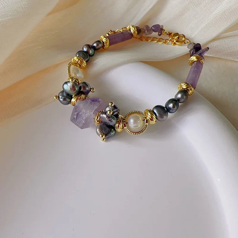 Hot-selling Retro Essence Purple Natural Stone Beads Pearl Bracelet Women Light Luxury Bracelets